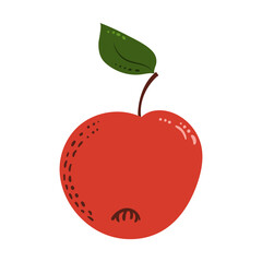 Fresh red apple in doodle style. Hand drawn vector illustration on white background.