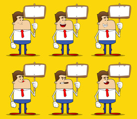 Simple retro cartoon of a businessman holding blank sign. Professional finance employee white wearing shirt with red tie.