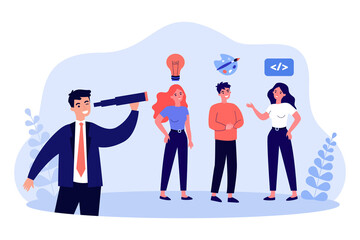 Manager with spyglass looking for creative workers. Programmer, artist and girl with ideas flat vector illustration. HR, recruitment concept for banner, website design or landing web page