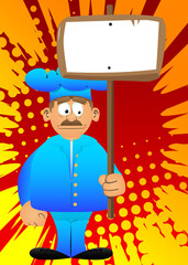 Fat male cartoon chef in uniform holding blank sign. Vector illustration.