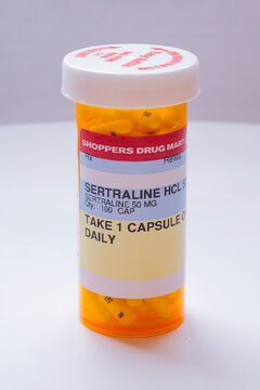 Calgary, Alberta, Canada. Dec 26, 2021. A bottle of Sertraline HCL 50 ML medication container from Shoopers Drug Mart