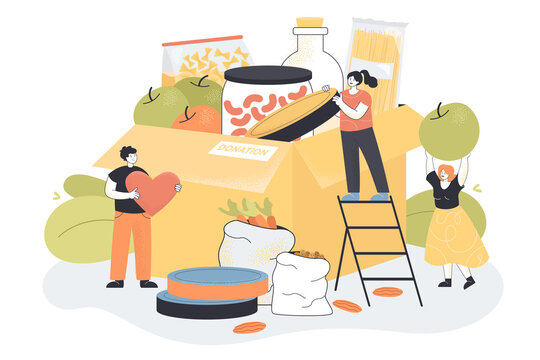 Tiny volunteers sharing canned food and grocery products. Help, support and assistance from people with charity cardboard box flat vector illustration. Voluntary, delivery of humanitarian aid concept