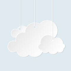 Cloud paper cut white flat set. 3D origami weather infoboard advertising postcard blank banner cloudy file storage. Sticker sale promotion important info discount label icon meteorology cartoon style