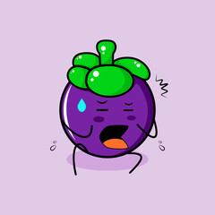 cute mangosteen character with afraid expression and sit down. green and purple. suitable for emoticon, logo, mascot or sticker