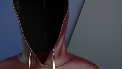 Anonymous hacker with dark brown color hoodie in shadow under gray-blue background. Dangerous criminal concept image. 3D CG. 3D illustration. 3D high quality rendering.