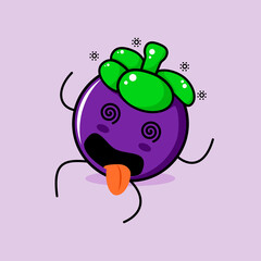 cute mangosteen character with dizzy expression, rolling eyes, lie down and tongue sticking out. green and purple. suitable for emoticon, logo, mascot and icon