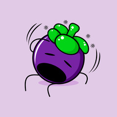 cute mangosteen character with  dizzy expression, mouth open, sit down and one hand on head. green and purple. suitable for emoticon, logo, mascot and icon