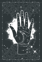 Mystical magical palmistry hand with print. Mandala Background. Palm reading. Esoteric tapestry wall hanging decor or blanket. Alchemy chiromancy. Astrology or Zodiac background. Vector