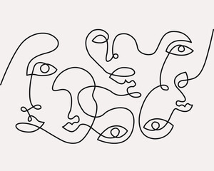 Drawing Faces outline. Line drawing. One line faces. Silhouette faces background. Minimalist abstract doodle.