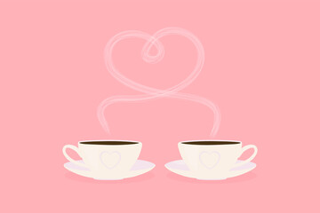 Vector illustration of a white mugs of lovers with hot tea or coffee and steam in the shape of a heart isolated on pink background.