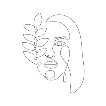 recommend clip art: Portrait of a woman, romantic portrait, hand drawn girl with leaves, line art. Simple logo for cosmetics, outline drawing one continuous line, isolated on white background. Vector illustration