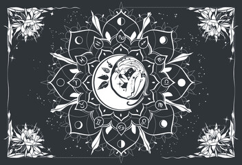 Bohemian mandala with girl on Moon. Floral elements with Queen of the night flower. Tapestry wall hanging. Boho bedding. Decor astrology