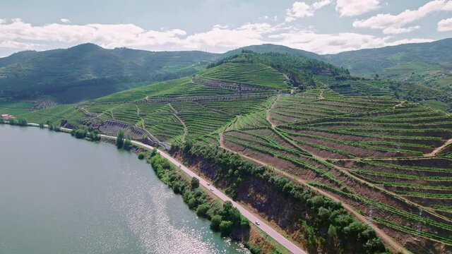 Scenic aerial view of Vila Real District along the Douro River with vineyards. Portuguese massive hills of landscapes wine growing by the National 222 Road, a traditional occupation in Portugal in 4K.