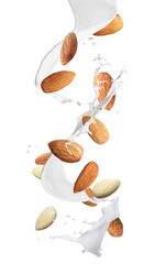 Delicious almond milk and nuts on white background