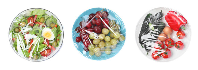 Top view of plates with different products wrapped with stretch film on white background, collage. Banner design