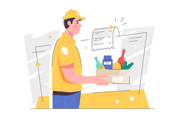 Guy food delivery service worker with product set