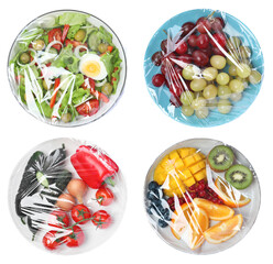 Top view of plates with different products wrapped with stretch film on white background, collage