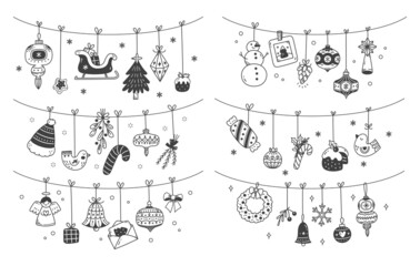 Fototapeta na wymiar Set of Christmas hanging decoration doodles