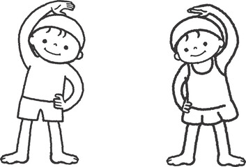 線画。子どもたちは海で泳ぐ前に準備体操をする。