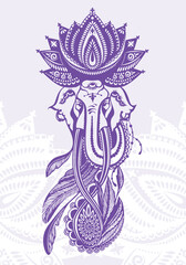 Hand drawn tattoo style Indian elephant with henna lotus pattern and feathers. Vector illustration
