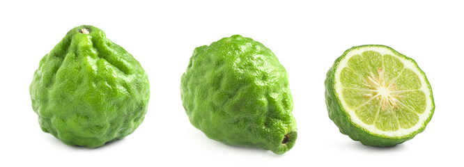 Set with fresh ripe bergamot fruits on white background. Banner design