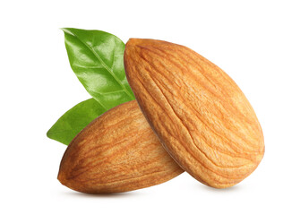 Tasty almonds and fresh green leaves on white background