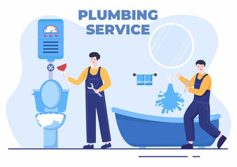 Plumbing Service with Plumber Workers Repair, Maintenance Fix Home and Cleaning Bathroom Equipment in Flat Background Illustration