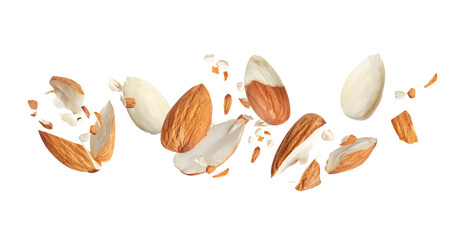 Pieces of tasty almonds falling on white background. Banner design
