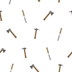Pattern of chisel with a wooden handle, axe with wooden handle and hammer with wooden handle in a realistic design. On a white background. Flat vector illustration.