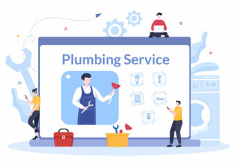 Online Plumbing Service with Plumber Workers Repair, Maintenance Fix Home and Cleaning Bathroom Equipment in Flat Background Illustration