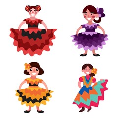 Four Mexican women dancers in traditional dresses vector illustration. Happy hispanic young women dancing in long china poblana dresses white isolated. Cute Mexican women characters set vector