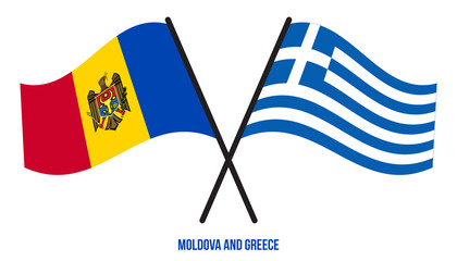 Moldova and Greece Flags Crossed And Waving Flat Style. Official Proportion. Correct Colors.
