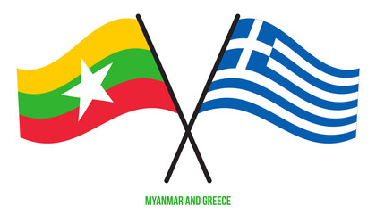 Myanmar and Greece Flags Crossed And Waving Flat Style. Official Proportion. Correct Colors.