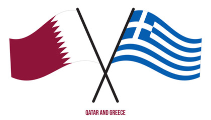 Qatar and Greece Flags Crossed And Waving Flat Style. Official Proportion. Correct Colors.