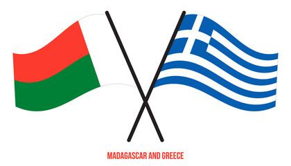 Madagascar and Greece Flags Crossed And Waving Flat Style. Official Proportion. Correct Colors.