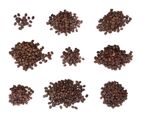 Set with roasted coffee beans on white background, top view