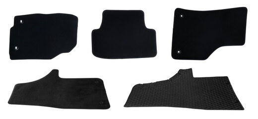 Set with black car floor mats on white background. Banner design