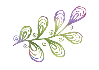 Watercolor multicolor leave on white background. Green and violet colors circle Leafs on branch