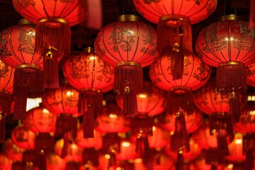 Bangkok, Thailand - December, 20, 2021 : Red Lanterns with chinese text mean 
