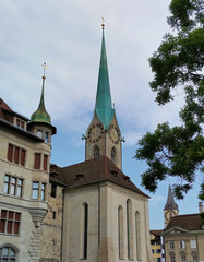 Fototapeta na wymiar The largest church clock in Europe. Clock tower of the Fraumunster Church, located at Zurich in north of Switzerland.