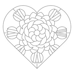 Square pattern in shape of heart. Decorative ornament in Line Art style. Mandala flower doodle illustration. Anti stress coloring book page gift for hipster couples on Valentine’s Day. EPS8. #423