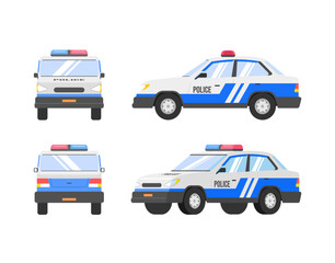 police car four angle set. Car side, back and front view. Vector flat illustration.