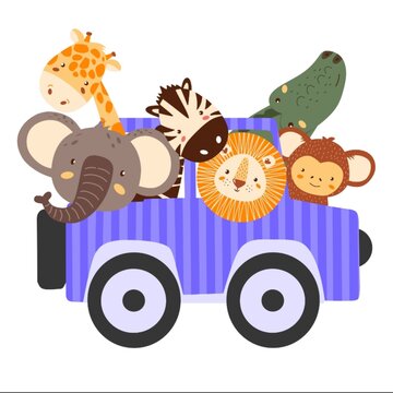 Animals in car illustration for children book, etc, a simple flat vector, isolated style