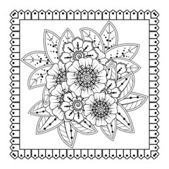 Mehndi flower for henna, mehndi, tattoo, decoration. Decorative ornament in ethnic oriental style, doodle ornament, outline hand draw. Coloring book page.
