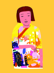 Girl with kimono on abstract background vector illustration.