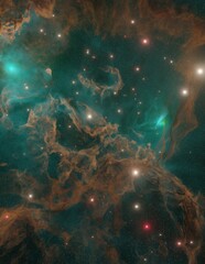 Vivid green orange nebula and cosmic dust in deep space and galaxy 3d render. Star particle motion on black background, starlight nebula in galaxy at universe Space background.Copy space blank space. © Banana Images