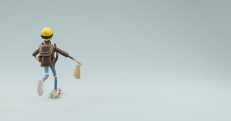 3d concept. illustration of a boy delivering goods on a skateboard wearing a brown shirt and back angle view on a white background