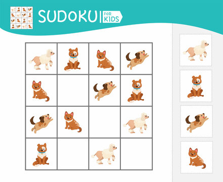 Sudoku game for children with pictures. Kids activity sheet.  Cartoon cute dogs.