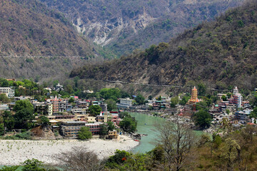 Naklejka premium top view of the city Rishikesh . Holy Ganges River 