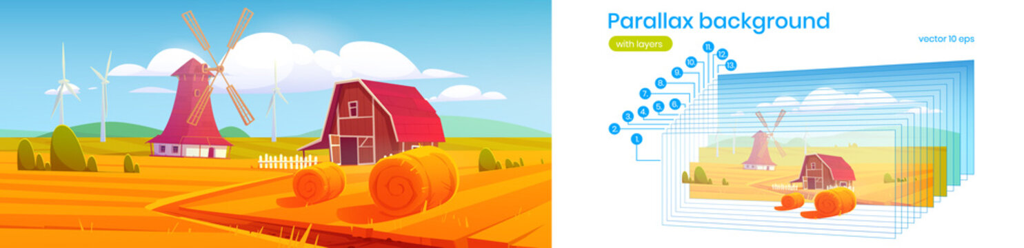 Rural landscape with hay bales on agriculture field, farm barn, windmill and wind turbines. Vector parallax background for 2d animation with cartoon illustration of countryside, farmland